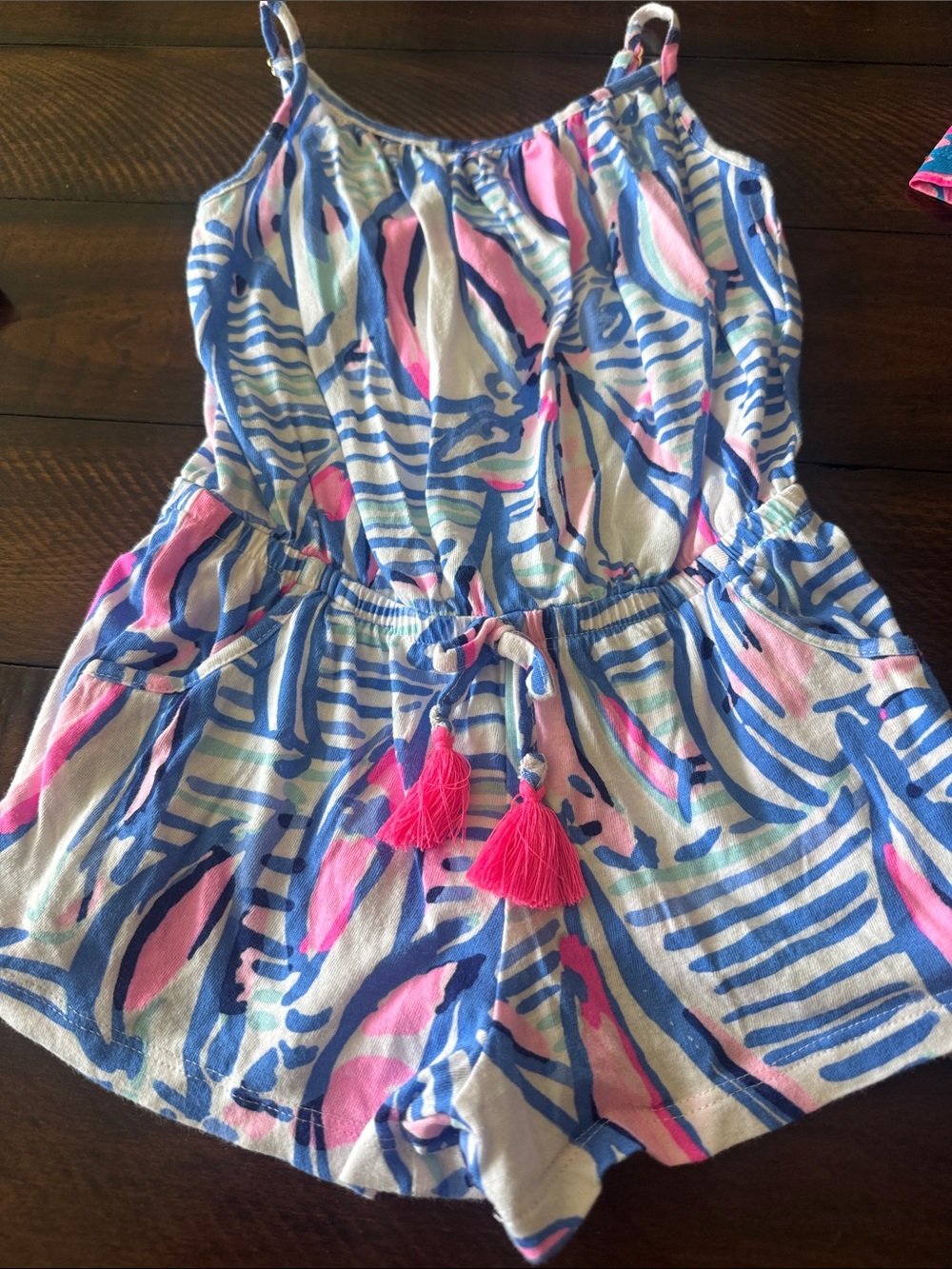 Lilly Pulitzer White, Blue & Pink Printed Girls' Romper with Tassels